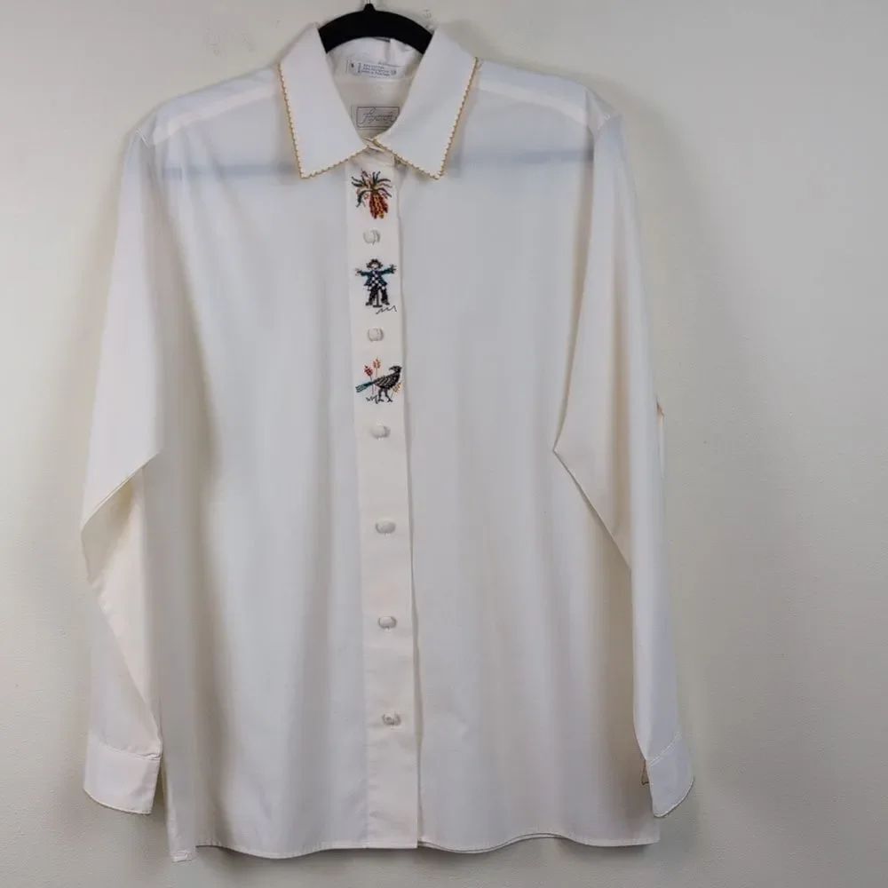 Foxtcroft Vintage Fall Cross-stitch Button Front Crocheted Trim Blouse Size 12